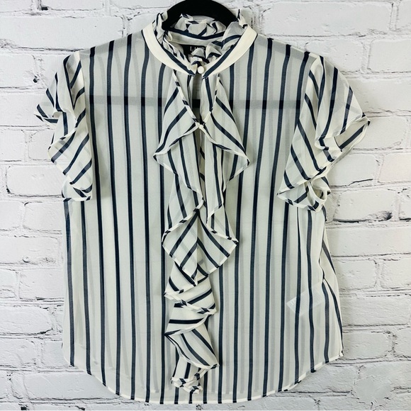 LAUREN RALPH LAUREN STRIPED RUFFLE TRIM CHIFFON BLOUSE SIZE (XSP). - Picture 6 of 14